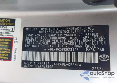 2008 Toyota Camry Le z USA, uszkodzony, nr VIN 4T4BE46K58R023497